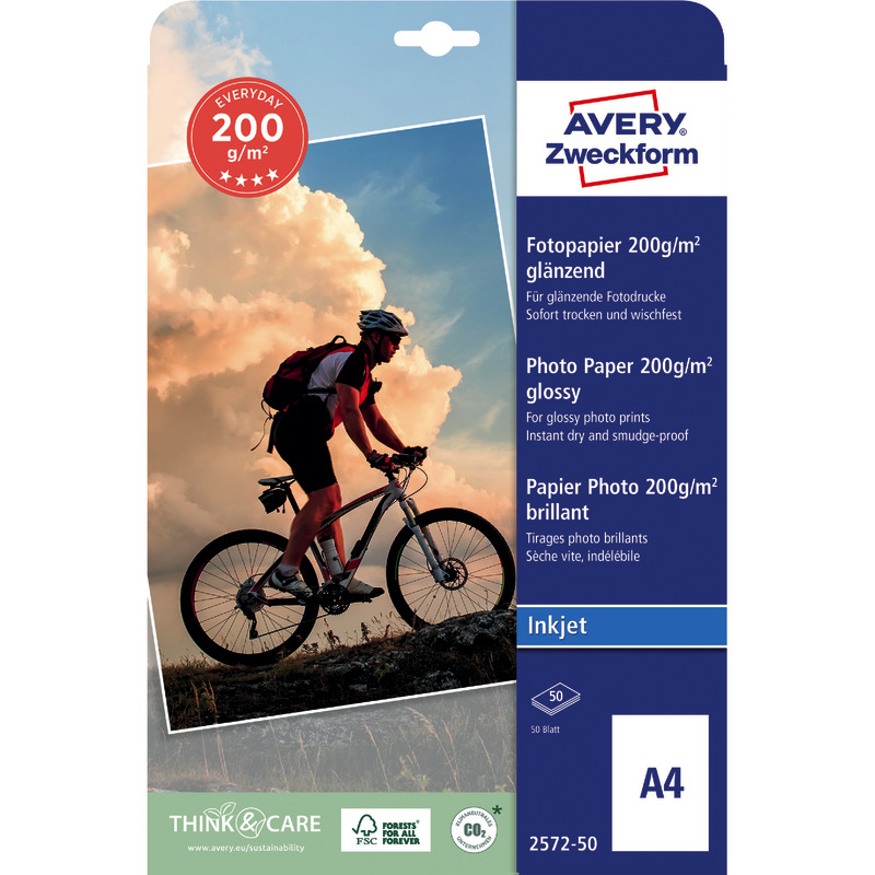 AVERY Zweckform Everyday Inkjet Fotopapier, glänzend, DIN A4, 200 g/m², Packung: 50 Blatt