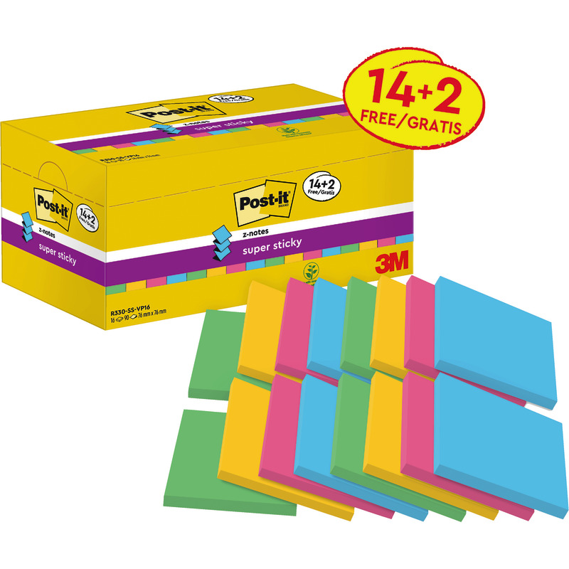 Post-it® Super Sticky Z-Notes, Verschiedene Farben, 76 mm x 76 mm, Promotion, 90 Blatt/Block, 14 Blöcke + 2 Gratis/Packung