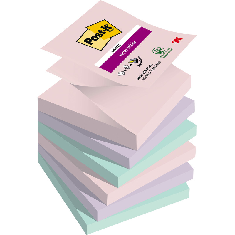 Post-it® Super Sticky Z-Notes, 76 mm x 76 mm, 90 Blatt/Block, 6 Blöcke/Packung - Soulful bunt