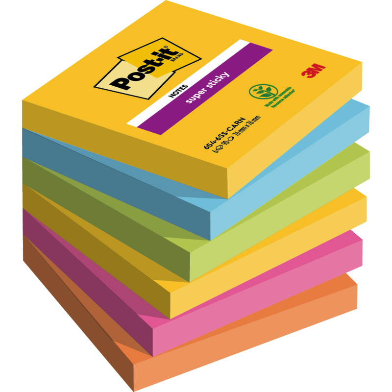 Post-it® Super Sticky Notes, 76 mm x 76 mm, 90 Blatt/Block, 6 Blöcke/Packung - Carnival bunt