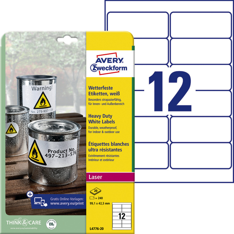 AVERY® Zweckform Wetterfeste Folien-Etiketten L4776-20, weiß, B x H: 99, 1 x 42, 3 mm, Pack: 240 Stück