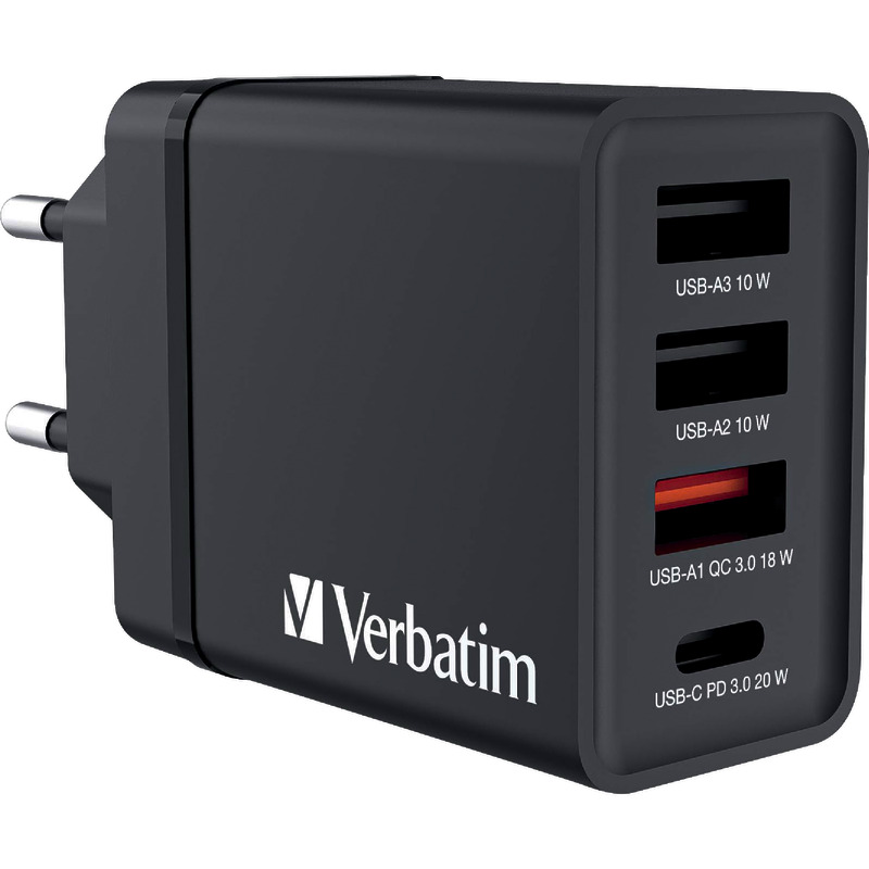 Verbatim Ladeadapter, CHR-30EU1, 30W, GaN, 2x USB-A, 1x USB-A QC, 1x USB-C PD, Retail - schwarz