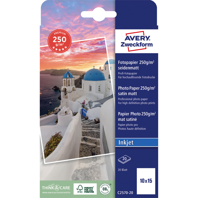 AVERY Zweckform Premium Inkjet Fotopapier, seidenmatt, 10 x15, 250 g/m², Packung: 20 Blatt