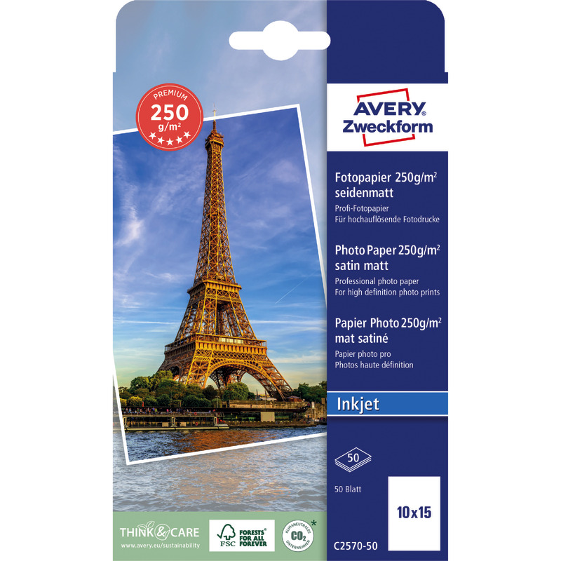 AVERY Zweckform Premium Inkjet Fotopapier, seidenmatt, 10 x15, 250 g/m², Packung: 50 Blatt