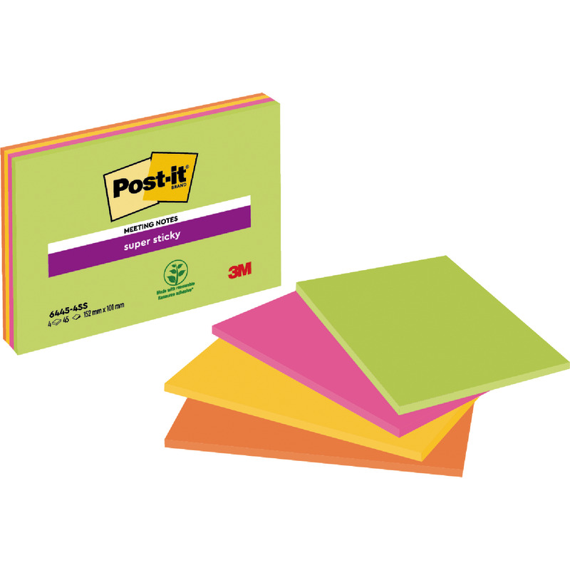 Post-it® Super Sticky Notes im Großformat, Verschiedene Farben, 101 mm x 152 mm, 45 Blatt/Block, 4 Blöcke/Packung