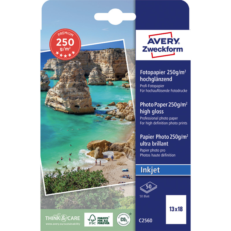AVERY Zweckform Premium Inkjet Fotopapier, hochglänzend, 13 x18, 250 g/m², Packung: 50 Blatt