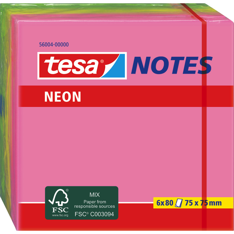 tesa® Haftnotizen Neon Notes 75 x 75 mm, pink/gelb/grün, Packung: 6 Block