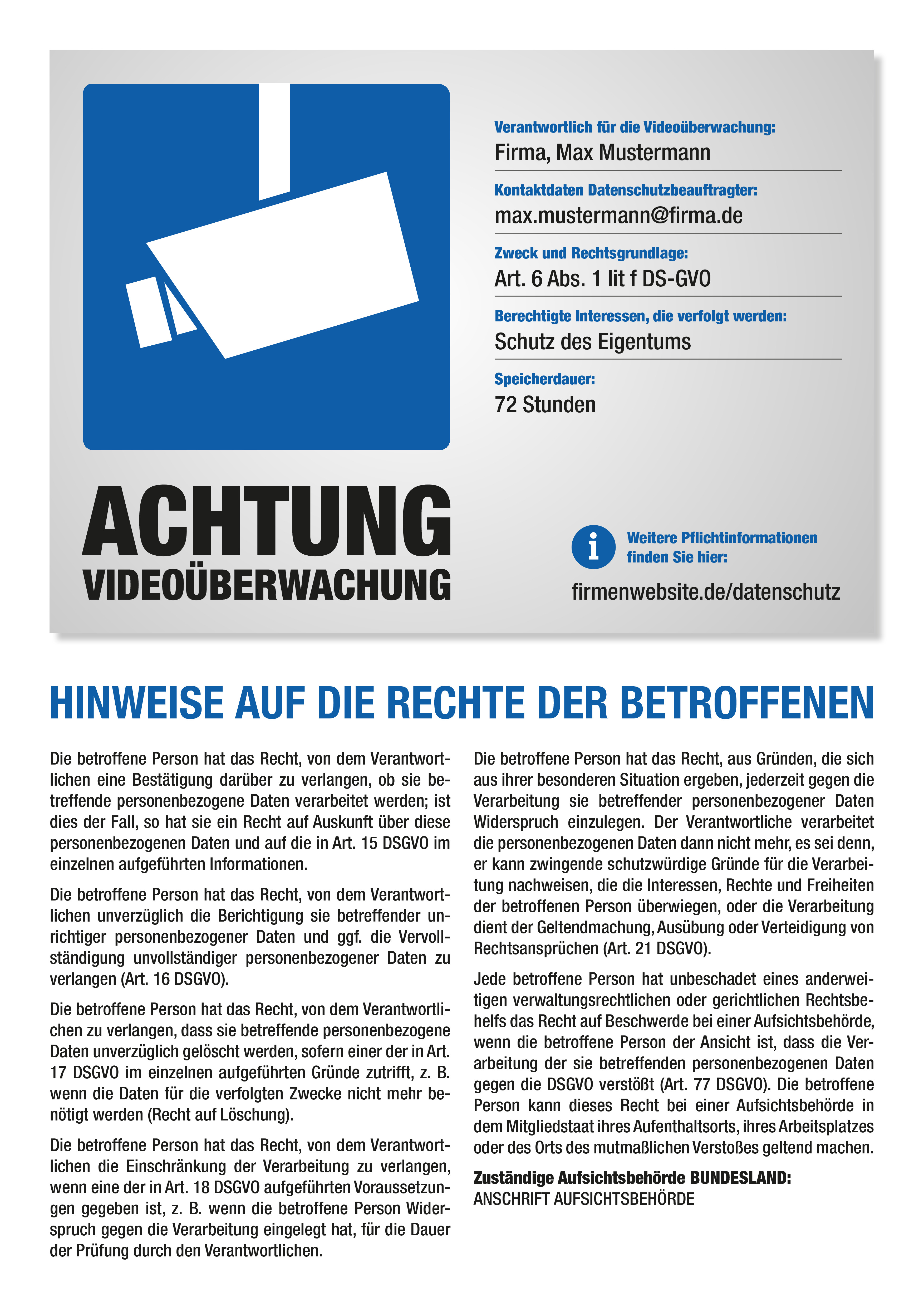 Achtung Videoüberwachung: DSGVO-Plakat, A3