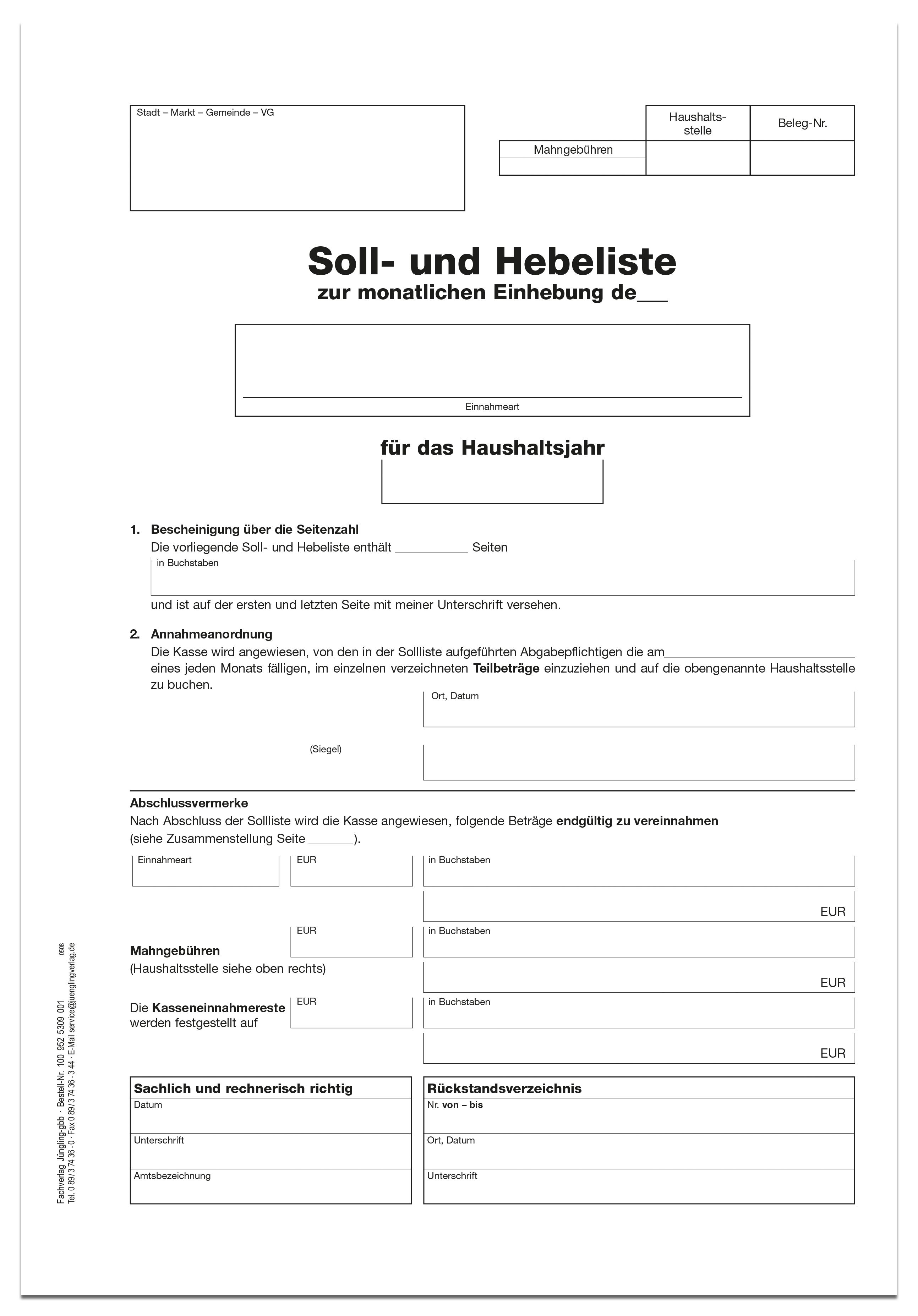 Soll- und Hebeliste monatlich, Titelbogen, DIN A4