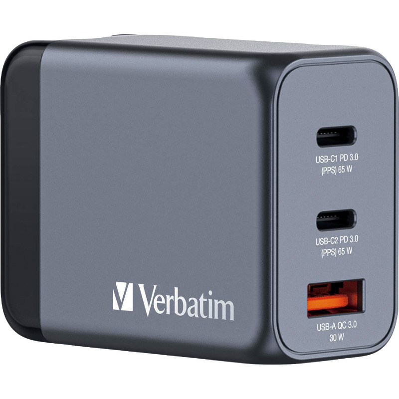 Verbatim Ladeadapter, Universal, GNC-65, GaN, 65W, grau, 1x USB-A QC, 2x USB-C PD, Retail