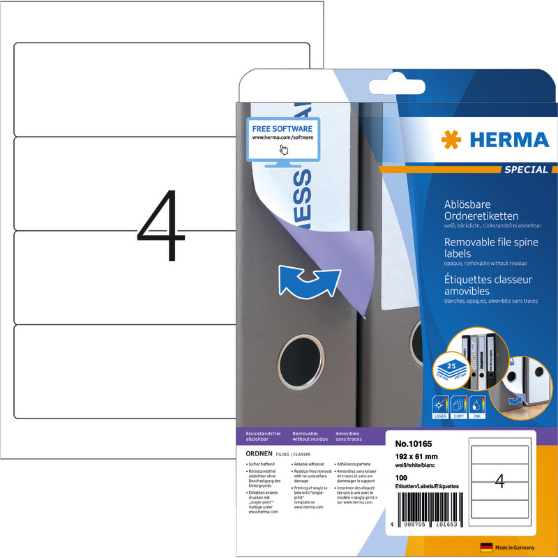 HERMA Ordneretiketten 10165, PC-bedruckbar, breit / kurz, weiß, B x H: 61 x 192 mm, Pack: 100 Stück