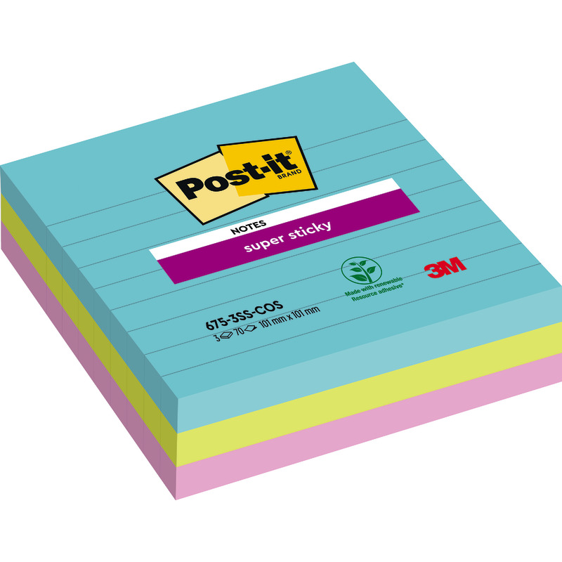 Post-it® Super Sticky Notes im Großformat, Oasis Collection, Liniert, 101 mm x 101 mm, 70 Blatt/Block, 3 Blöcke/Packung - Miami bunt