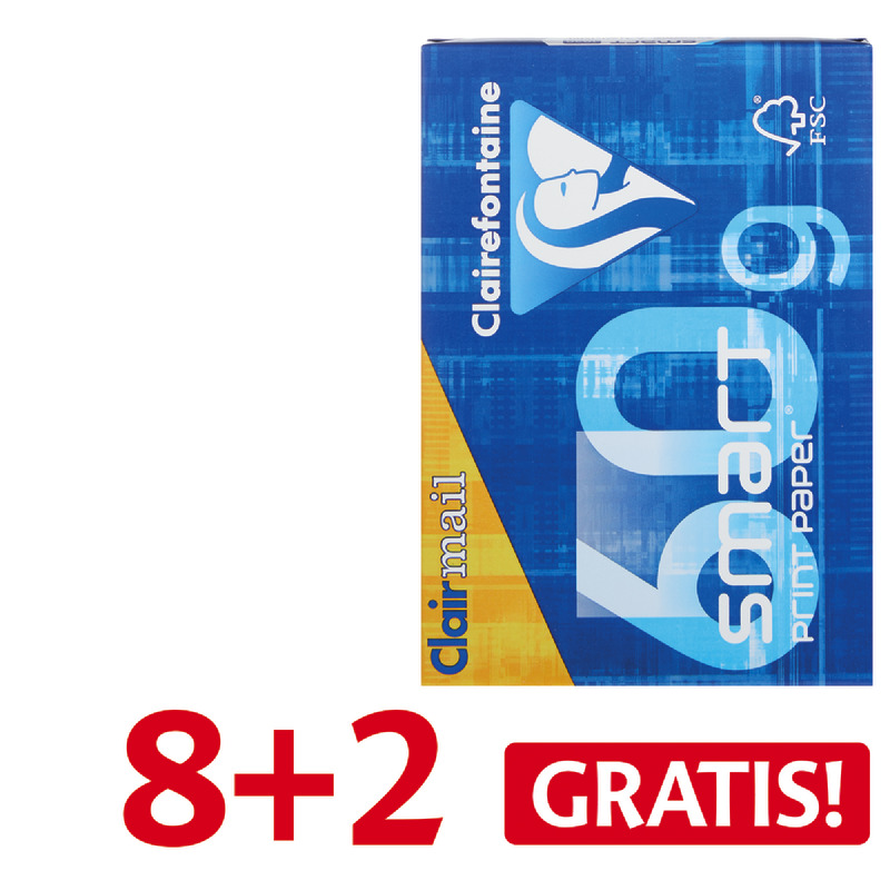 8 + 2 GRATIS! 10 Pack Kopierpapier Clairmail, DIN A4, 60 g/m², Pack: 500 Blatt