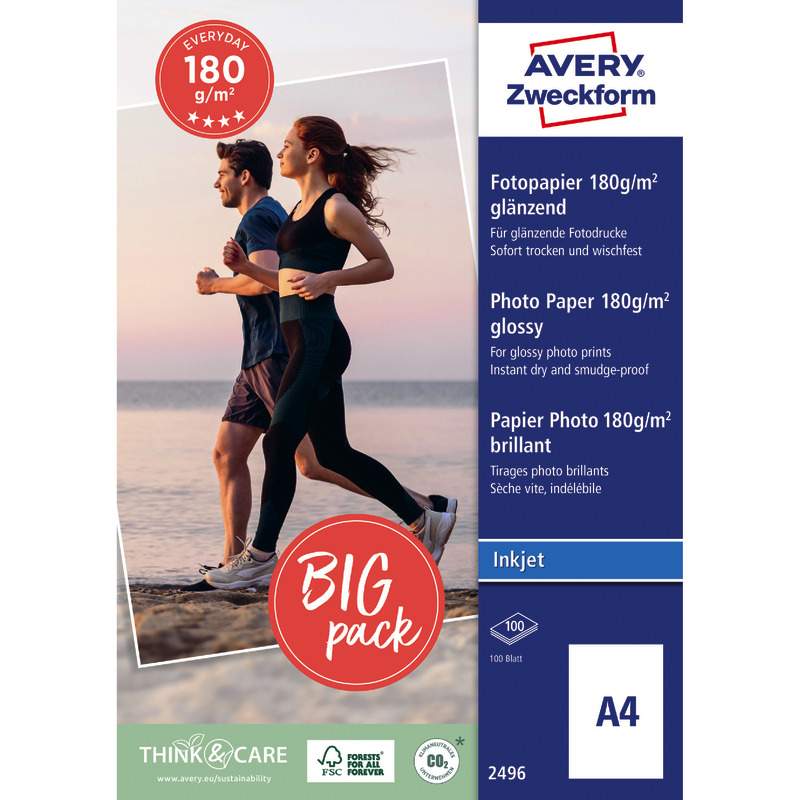 AVERY Zweckform Everyday Inkjet Fotopapier, glänzend, DIN A4, 180 g/m², Packung: 100 Blatt