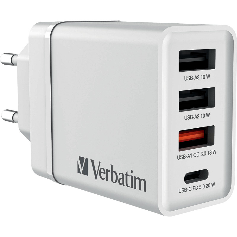 Verbatim Ladeadapter, CHR-30EU1, 30W, GaN, 2x USB-A, 1x USB-A QC, 1x USB-C PD, Retail - weiß