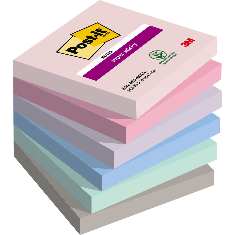 Post-it® Super Sticky Notes, 76 mm x 76 mm, 90 Blatt/Block, 6 Blöcke/Packung - Soulful bunt