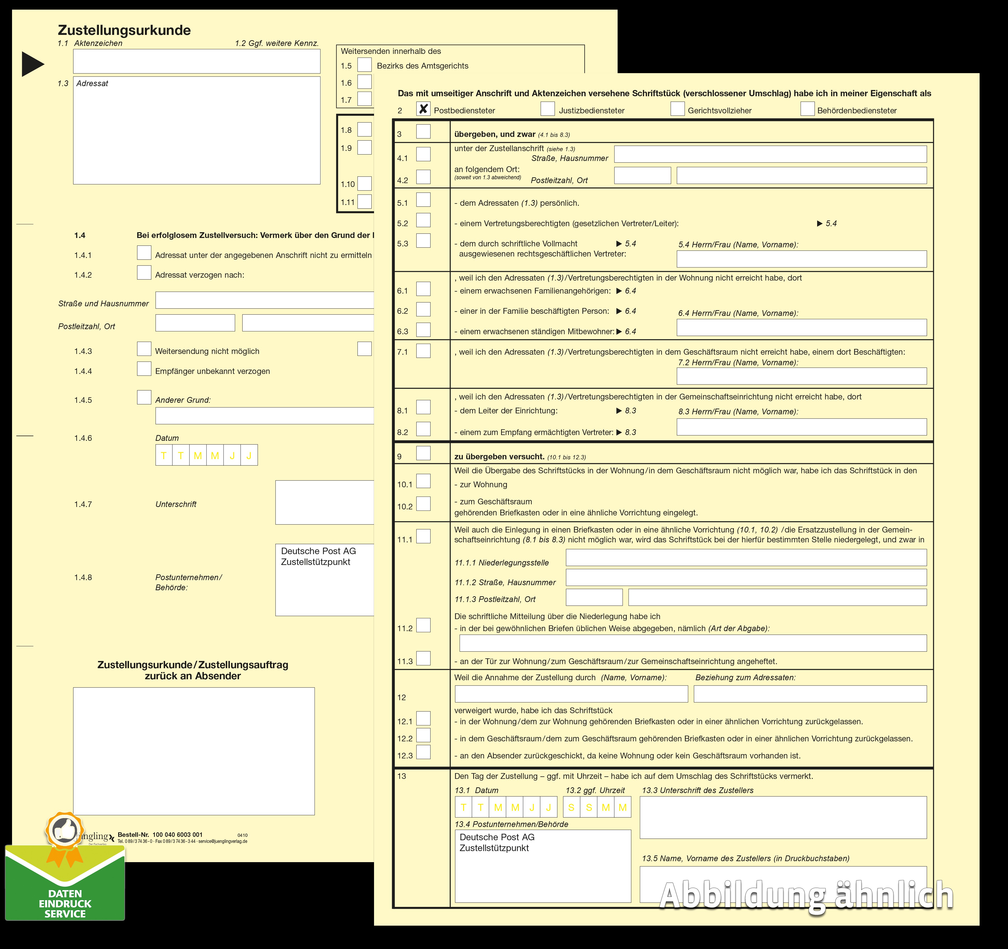 Zustellungsurkunde, A4, gelb, laserdruckergeeignet, Eindruck Deutsche Post AG