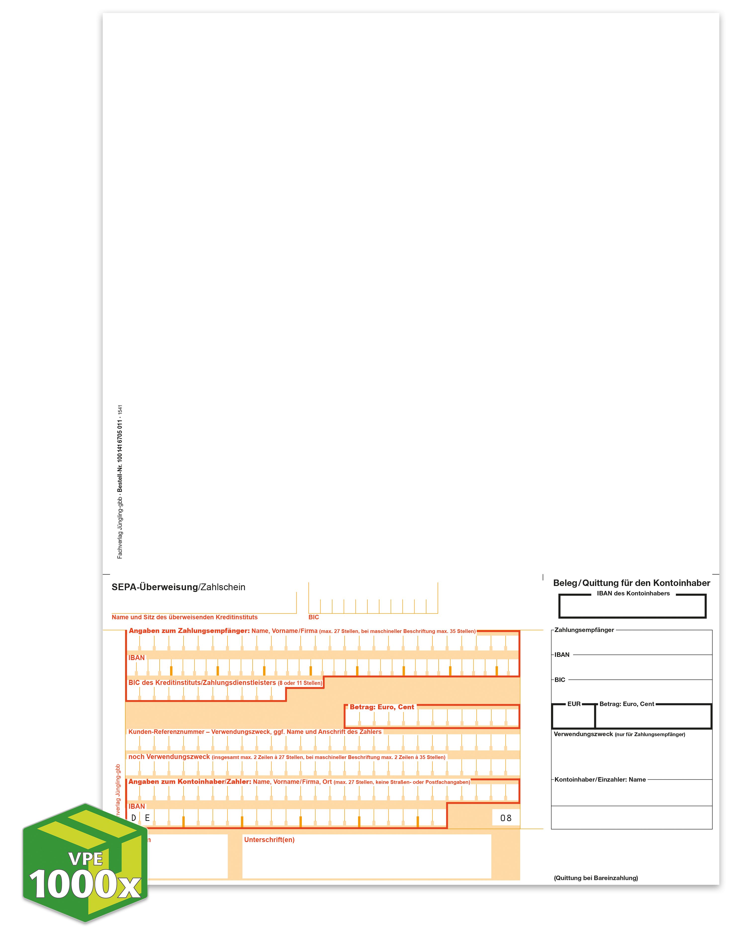 SEPA Zahlschein, Giro unten, Beleg rechts, [08], A4, ohne Hinweistext, Freifeld für QR-Code, VKE 1000 Stück