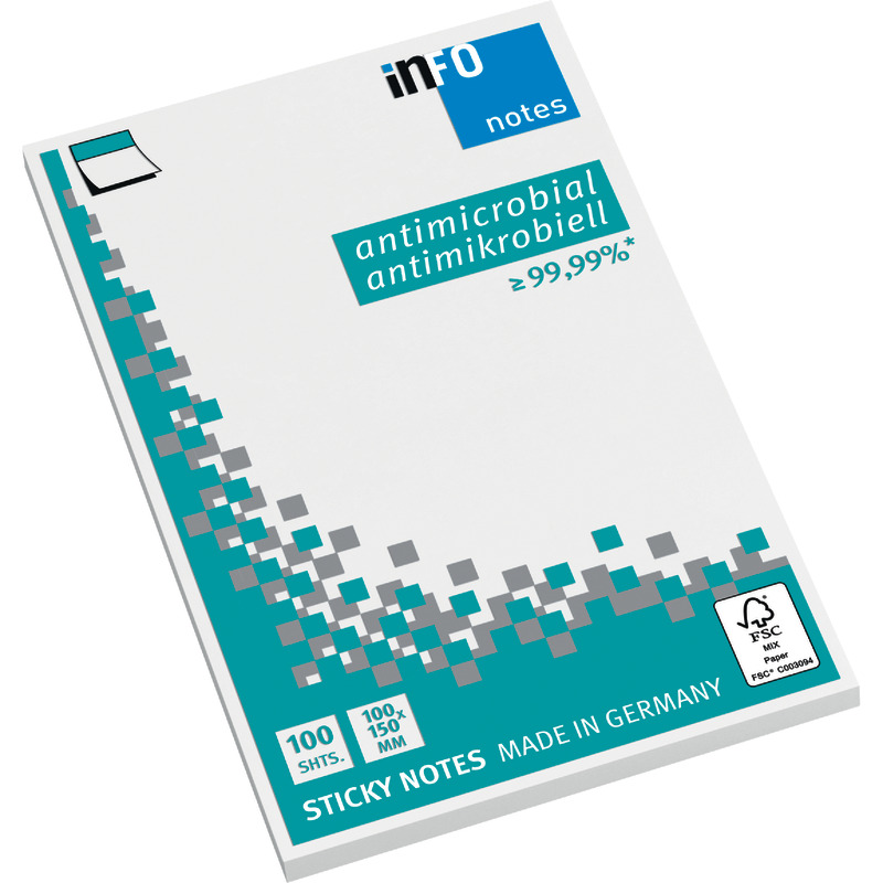 INFO NOTES Antimikrobielle Haftnotizen, 100 x 150 mm, 100 Blatt - weiß