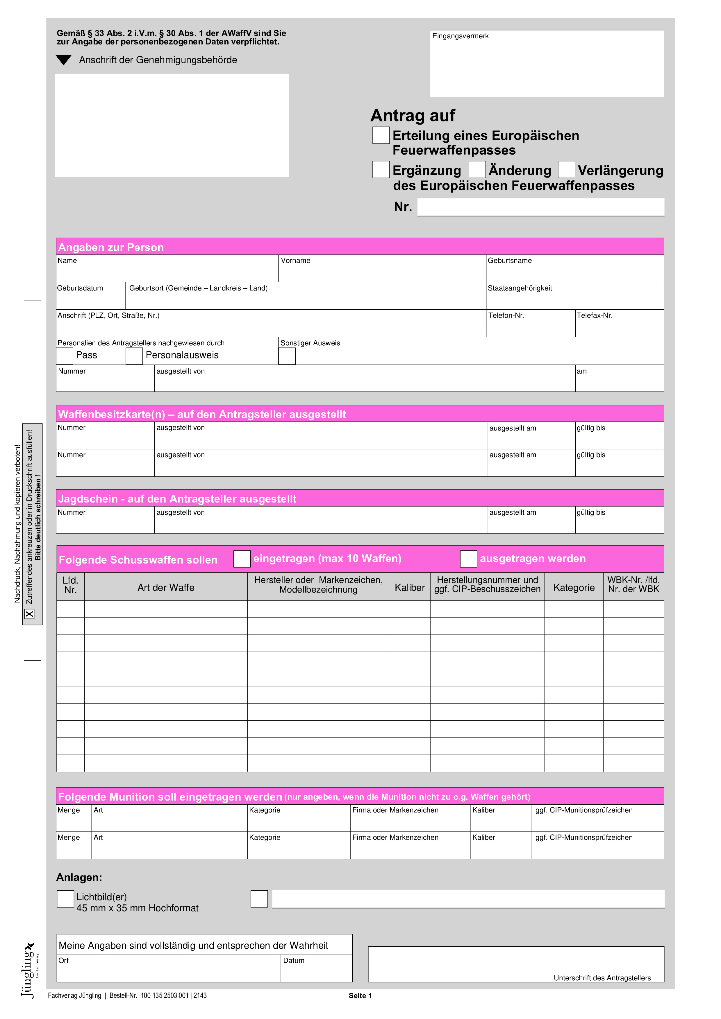 Antrag auf Ausstellung eines Europäischen Feuerwaffenpasses, A4