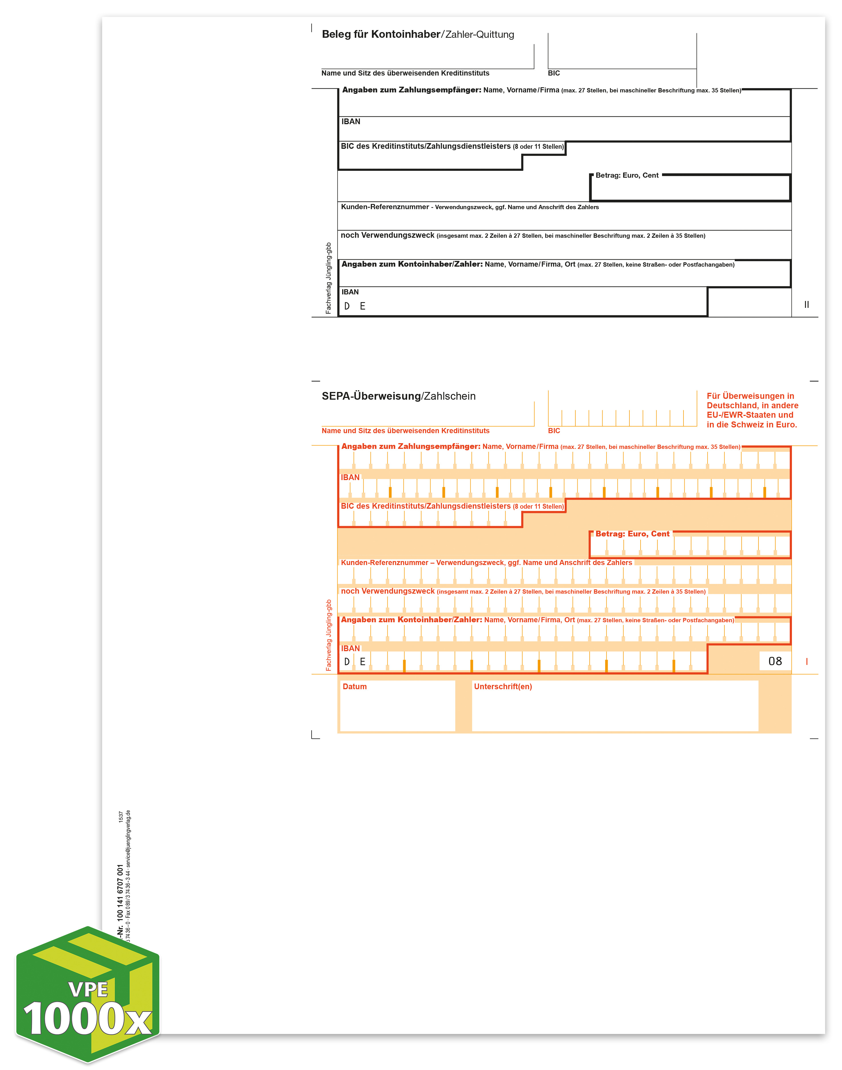 SEPA Zahlschein, A4, Giro Mitte, Beleg oben, [08], VKE 1000 Stück