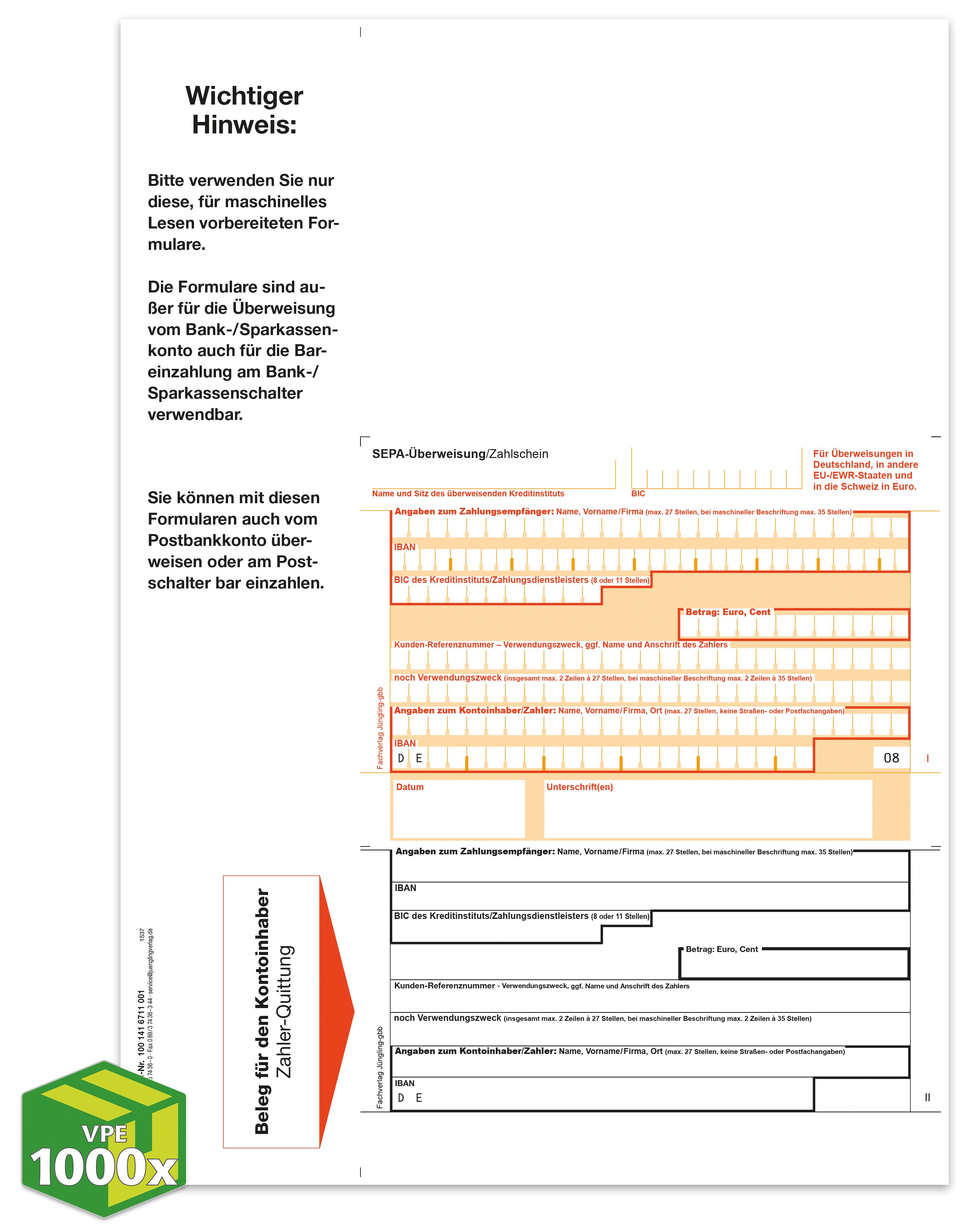 SEPA Zahlschein, A4, Giro Mitte, Beleg unten, [08], VKE 1000 Stück