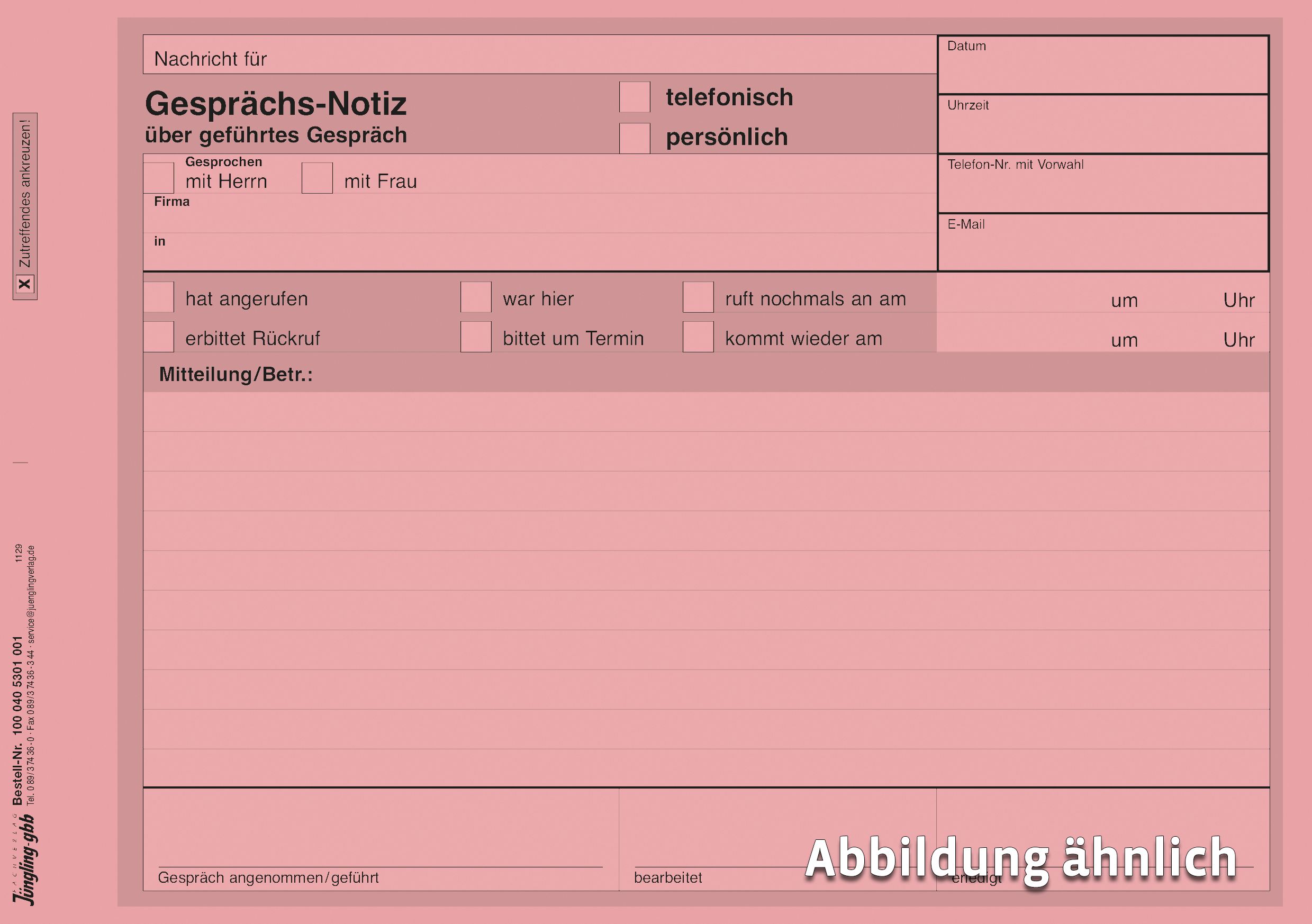 Gesprächsnotizblock mit Hausmitteilung, A5, rosa, 50 Blatt