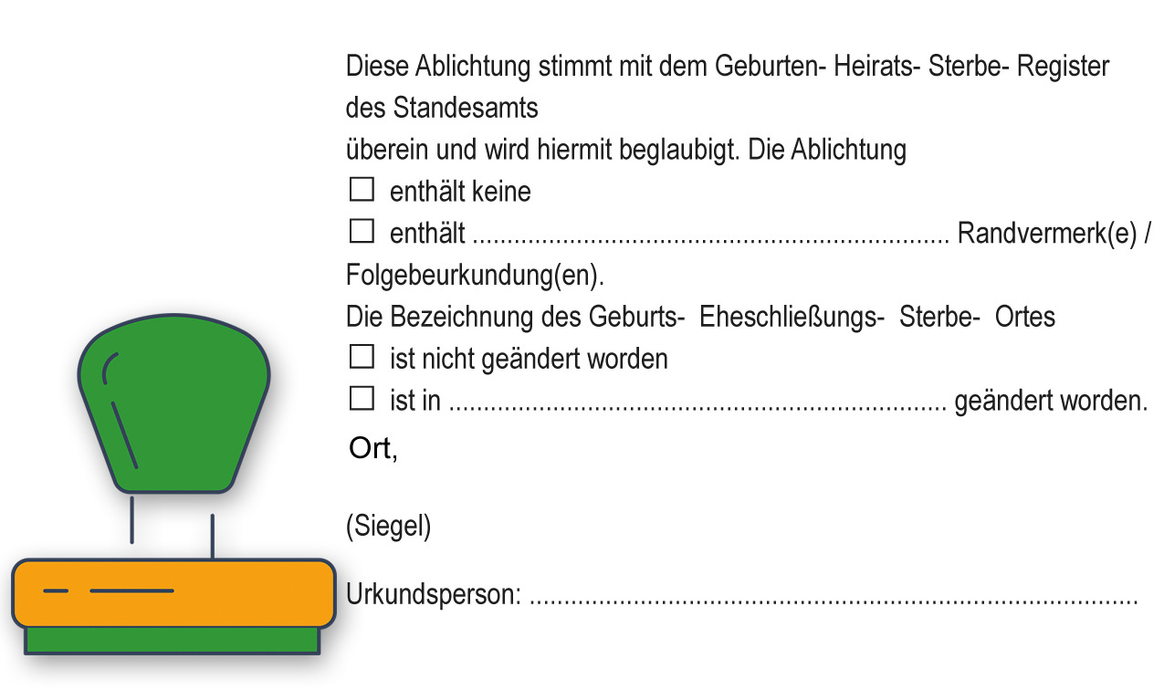 Stempel, Text: Beglaubigung Abschrift aus  dem Geburten-/Heirats-/Sterberegister
