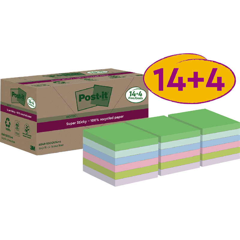 Post-it® Super Sticky 100 % Recycling Notes, Verschiedene Farben, 76 mm x 76 mm, 70 Blatt/Block, 14 Blöcke + 4 Gratis/Packung