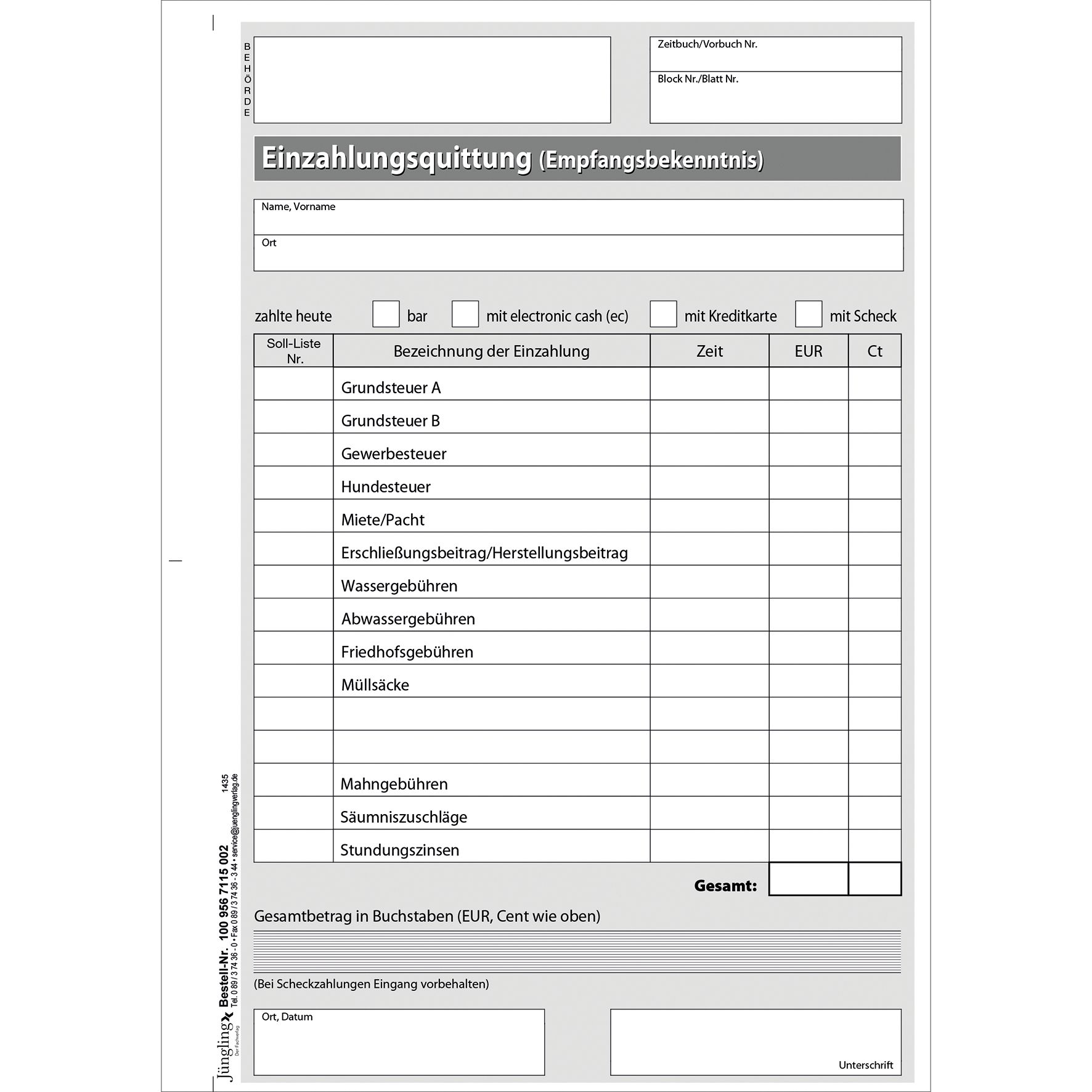 Quittung mit eingedr. Forderungen (Steuern/Abgaben), mit Block-/Blatt-Nr., Block, A5, 50 Satz, 2-fach ME: Block