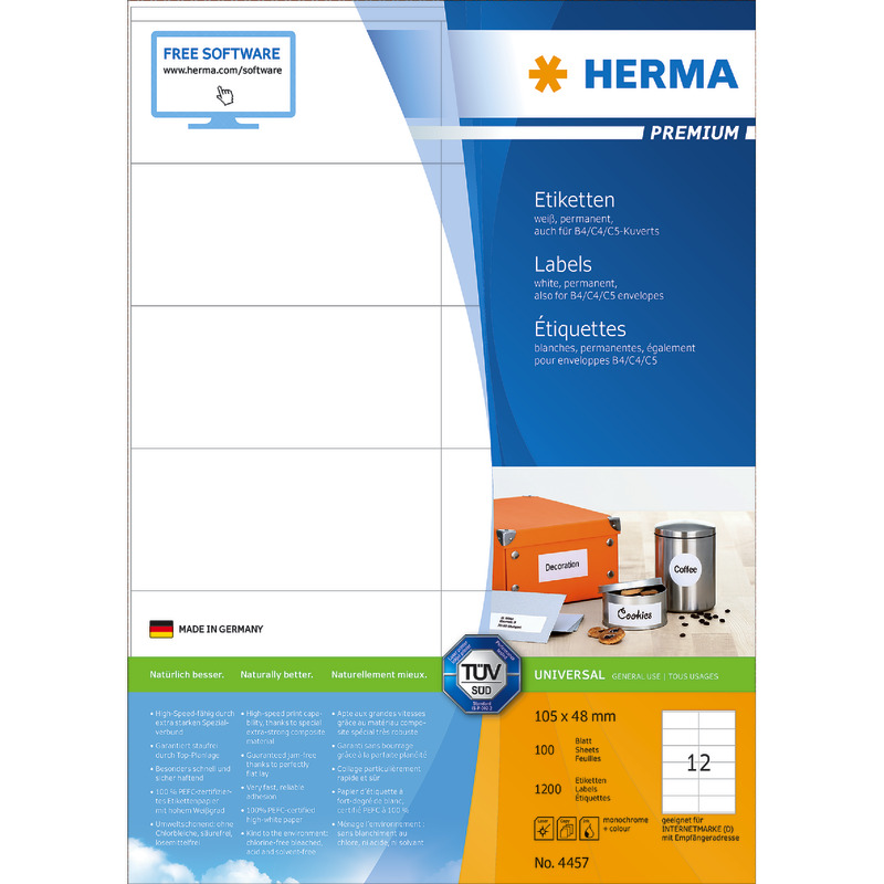 HERMA PREMIUM Etiketten 4457, PC-bedruckbar, B x H: 105 x 48 mm, 1.200 Stück