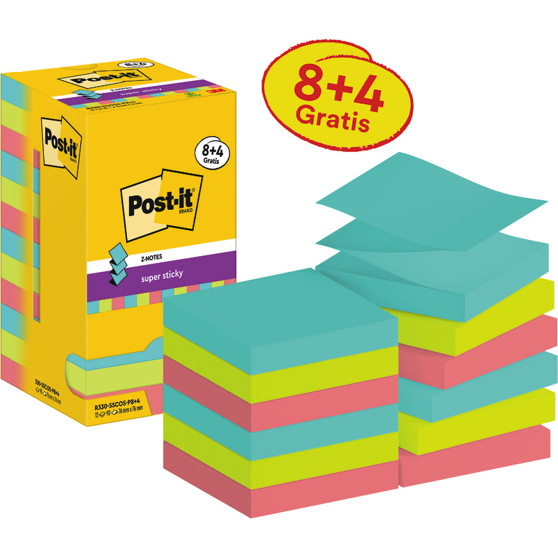 8 + 4 GRATIS! 12 Blöcke Post-it® Haftnotizen Super Sticky Z-Notes, 76 x 76 mm, farbsortiert - Cosmic