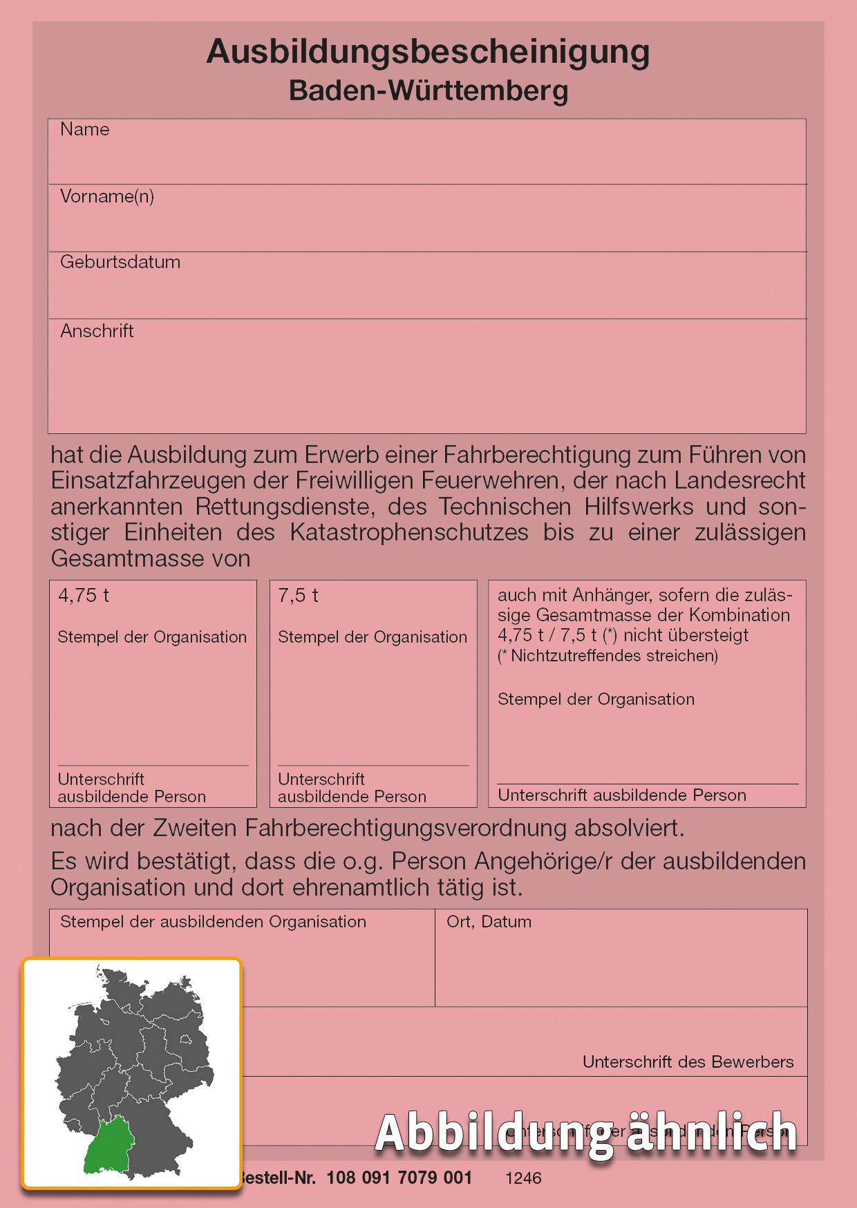 Ausbildungsbescheinigung zum Führen von Einsatzfahrzeugen bis 4, 75t bzw. 7, 5 t (BW), neobond rosa, A6