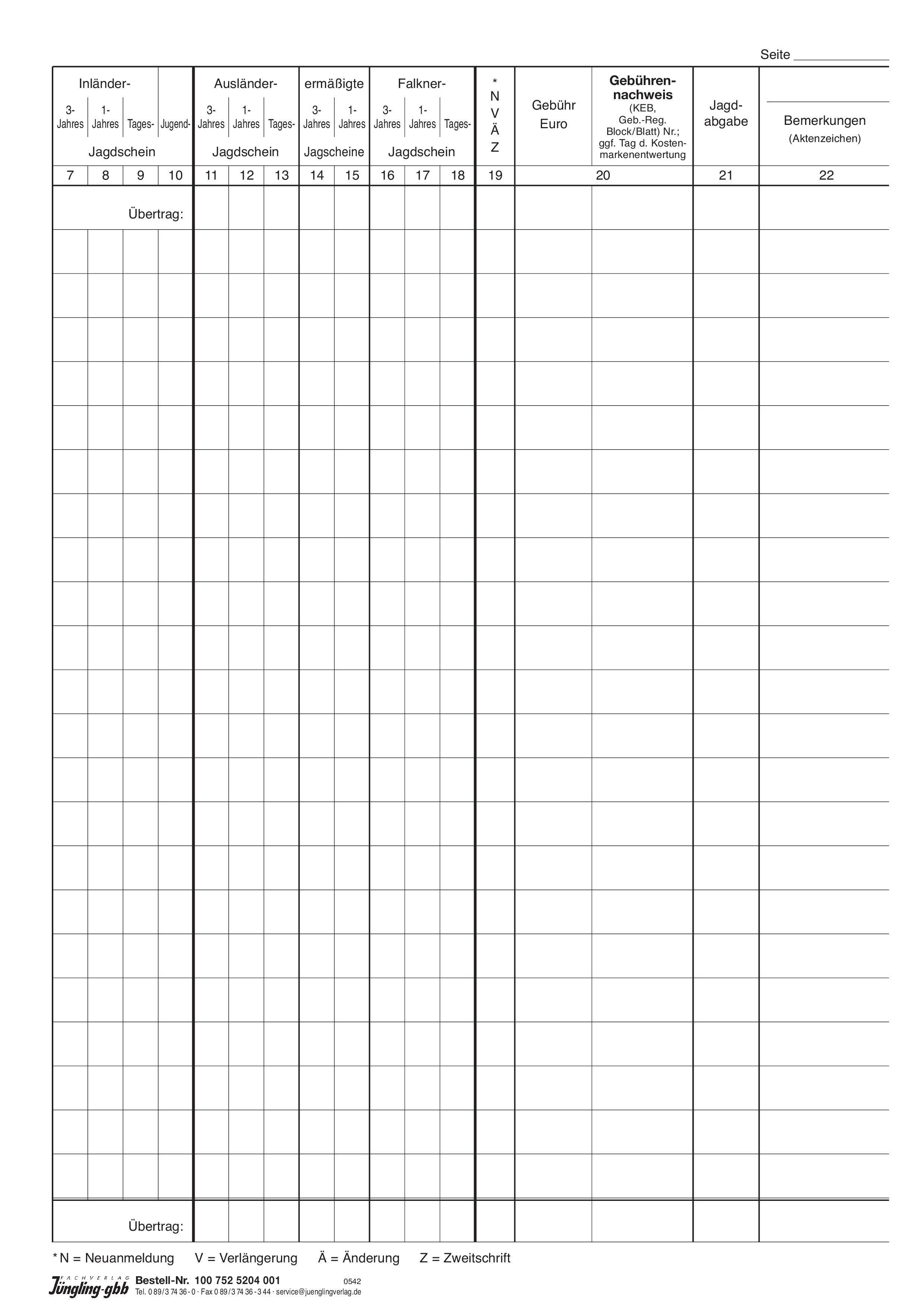 Verzeichnis der erteilten Jagdscheine - Einlagebogen