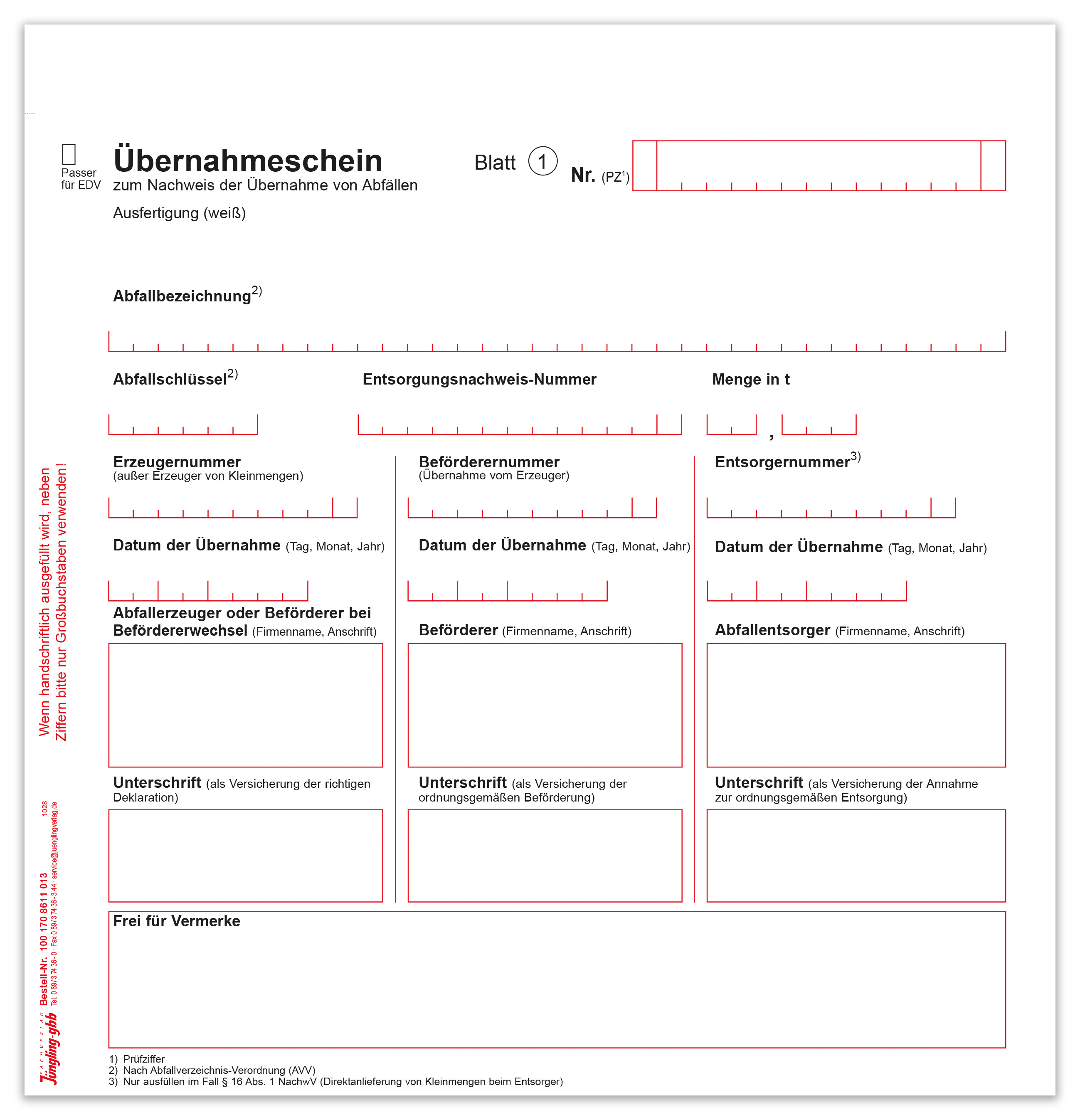 Übernahmeschein, laserdruckergeeignet, nummeriert, mit Prüfzifferberechnung, 3-fach SD