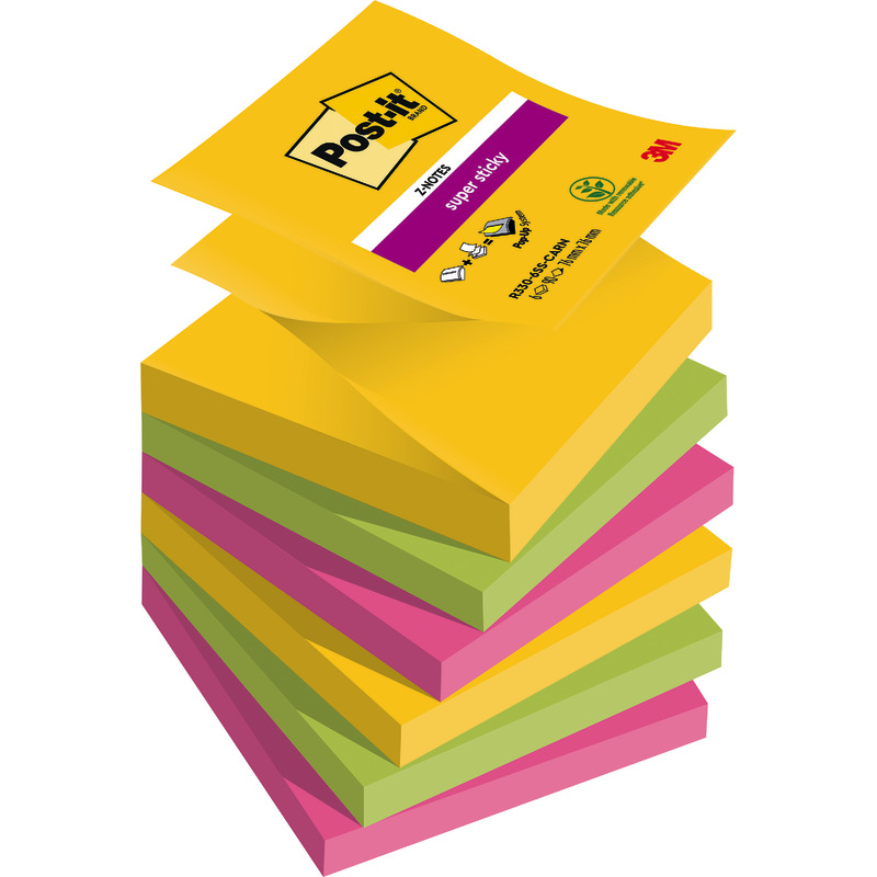 Post-it® Super Sticky Z-Notes, 76 mm x 76 mm, 90 Blatt/Block, 6 Blöcke/Packung - Carnival bunt