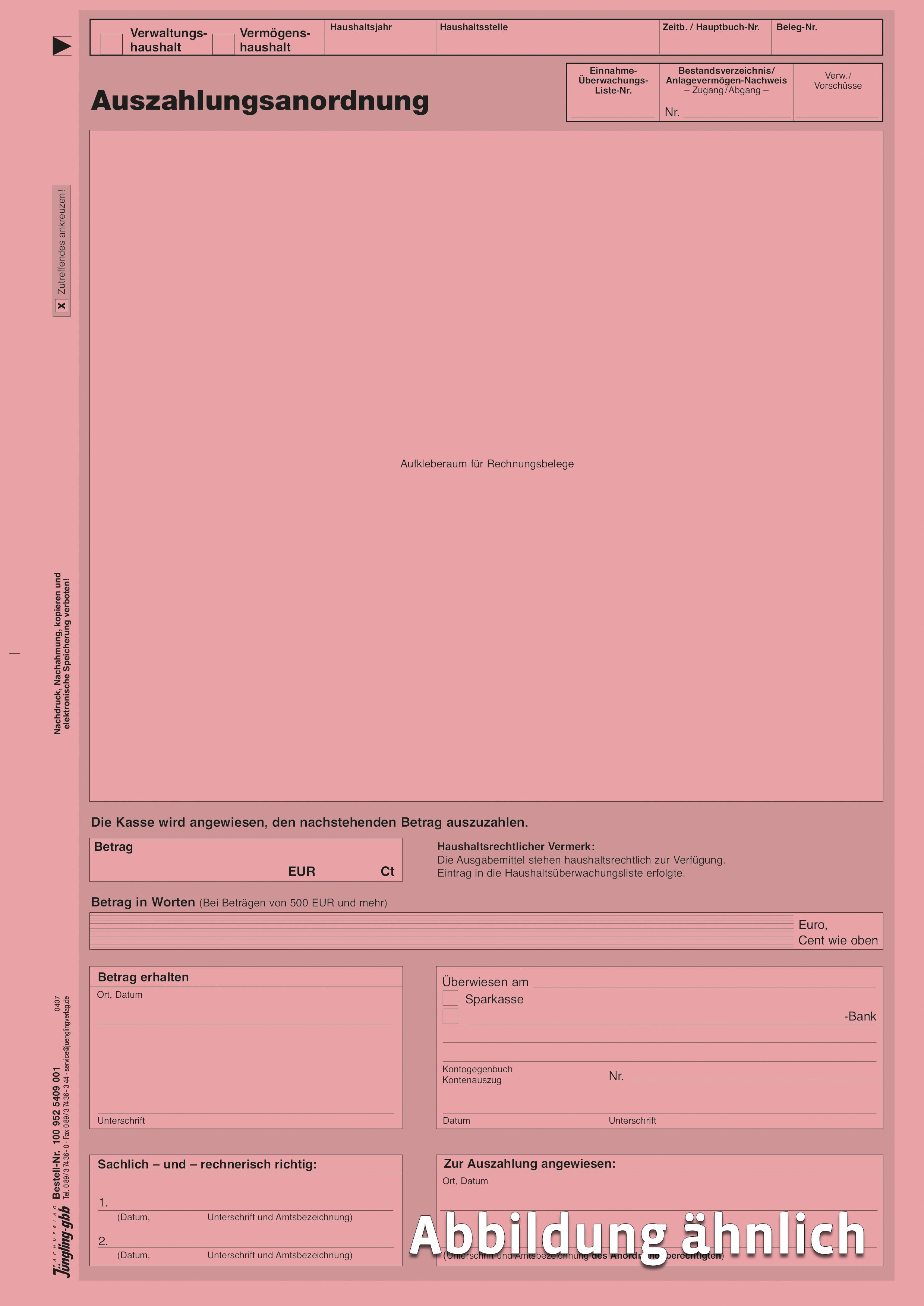 Auszahlungs-Anordnung mit Aufkleberaum, rosa, DIN A4