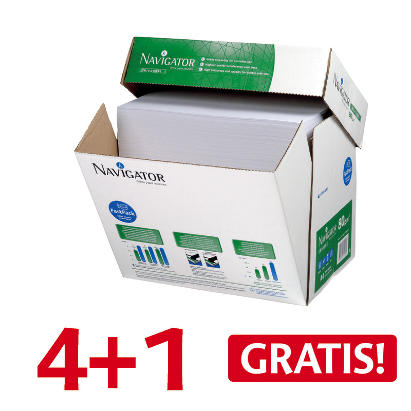 4 + 1 GRATIS! 5 Maxi-Boxen NAVIGATOR Kopierpapier UNIVERSAL, DIN A4, 80 g/m², Maxi-Box: 2.500 Blatt - weiß