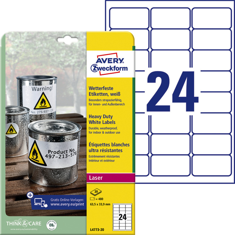 AVERY® Zweckform Wetterfeste Folien-Etiketten L4773-20, weiß, B x H: 63, 5 x 33, 9 mm, Pack: 480 Stück