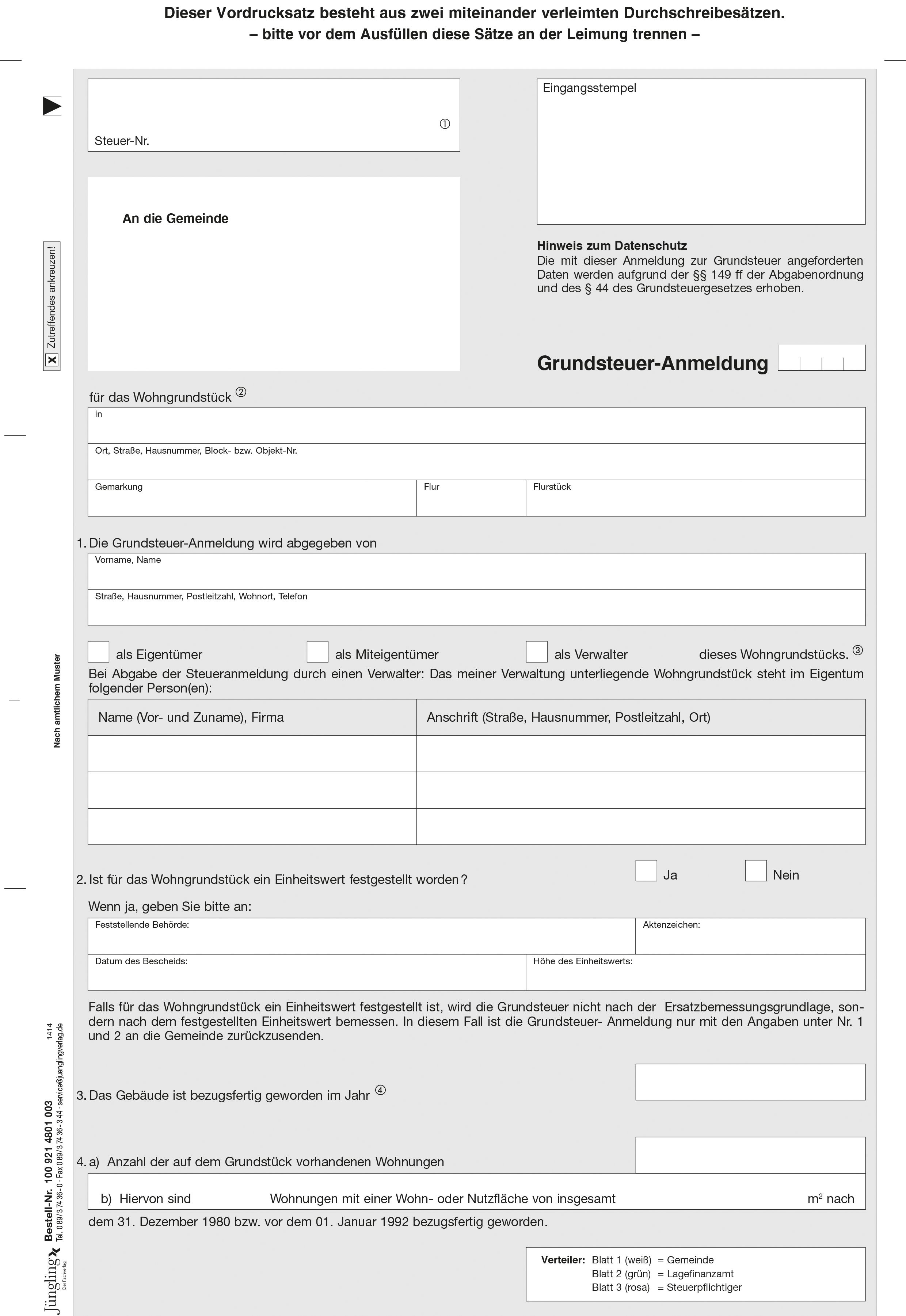 Grundsteueranmeldung Satz 1 und 2, je A4 3-fach