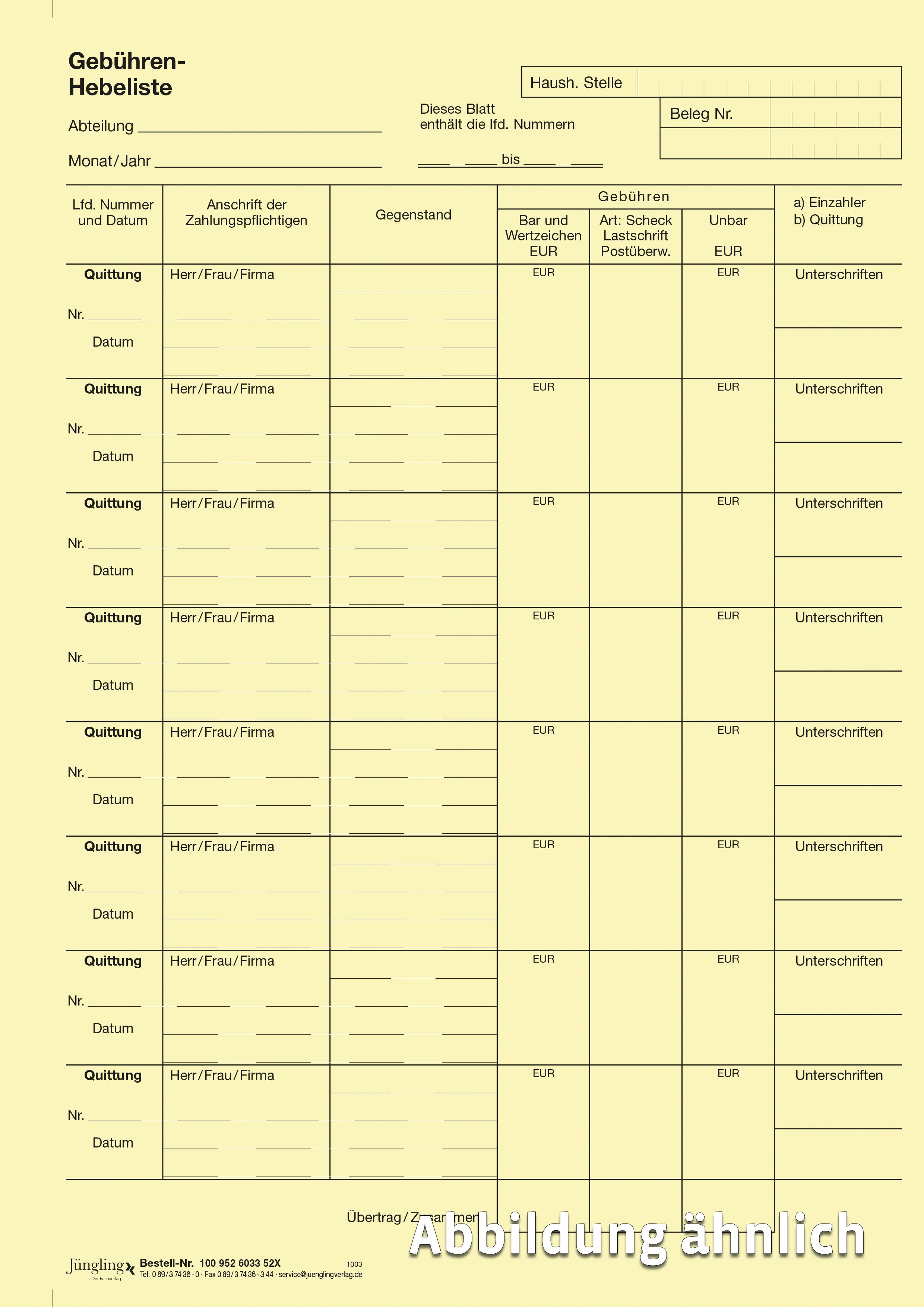Gebühren- und Hebeliste, DIN A4, 3-fach, Block 50 Satz Gebühren- und Hebeliste, DIN A4, 3-fach, Block 50 Satz
