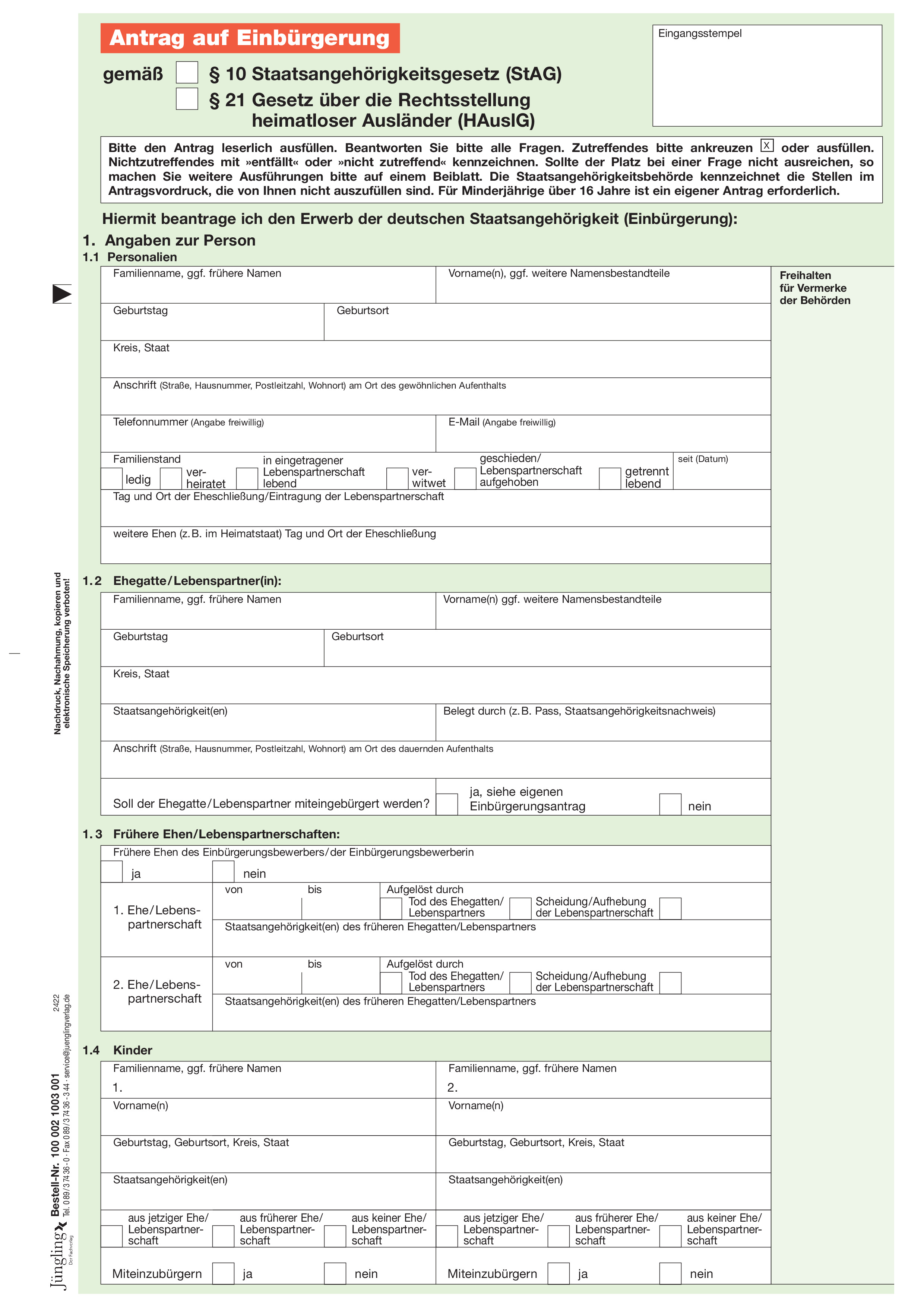 Einbürgerungsantrag § 10 StAG (oder § 21 HAuslG), A4, 4-seitig