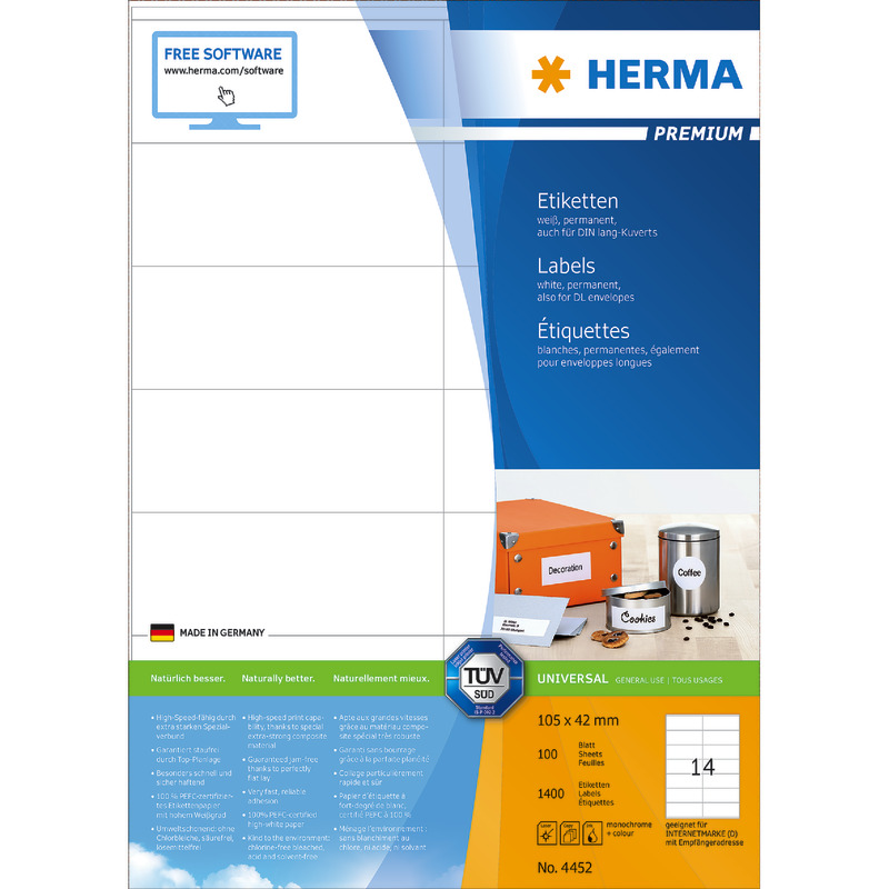 HERMA PREMIUM Etiketten 4452, PC-bedruckbar, B x H: 105 x 42 mm, 1.400 Stück