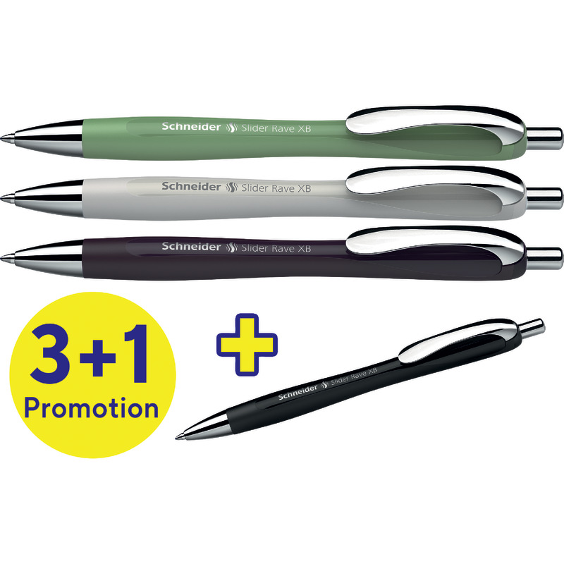 3+1 GRATIS! 4 SCHNEIDER Kugelschreiber Slider Rave XB Trend Edition, Schreibfarbe: blau