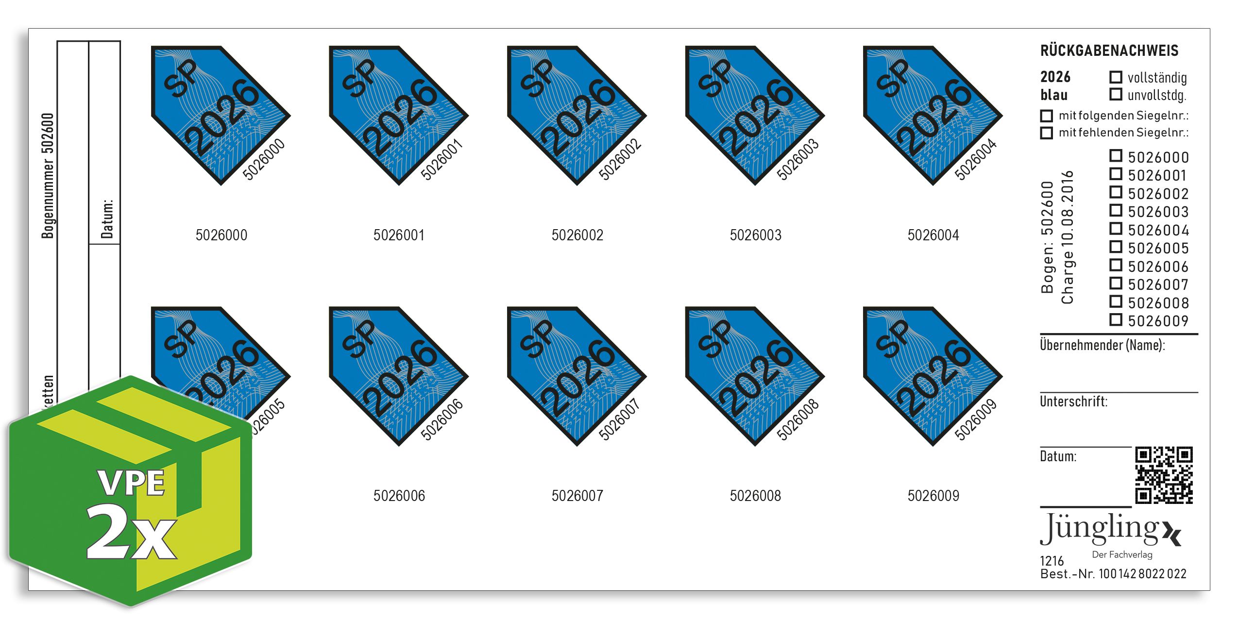 SP-Prüfmarke 2026 (blau) mit Verlagsnummerierung, VKE á 20 Stück