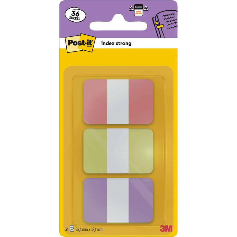 Post-it® Index Strong Tabs, 25, 4 x 38 mm, Pastellfarben sortiert, 3 x 12 Blatt