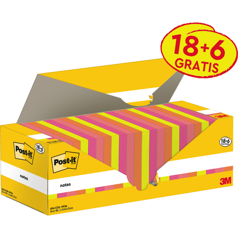 18 + 6 GRATIS! 24 Blöcke Post-it® Haftnotizen,  76 x 76 mm, farbsortiert