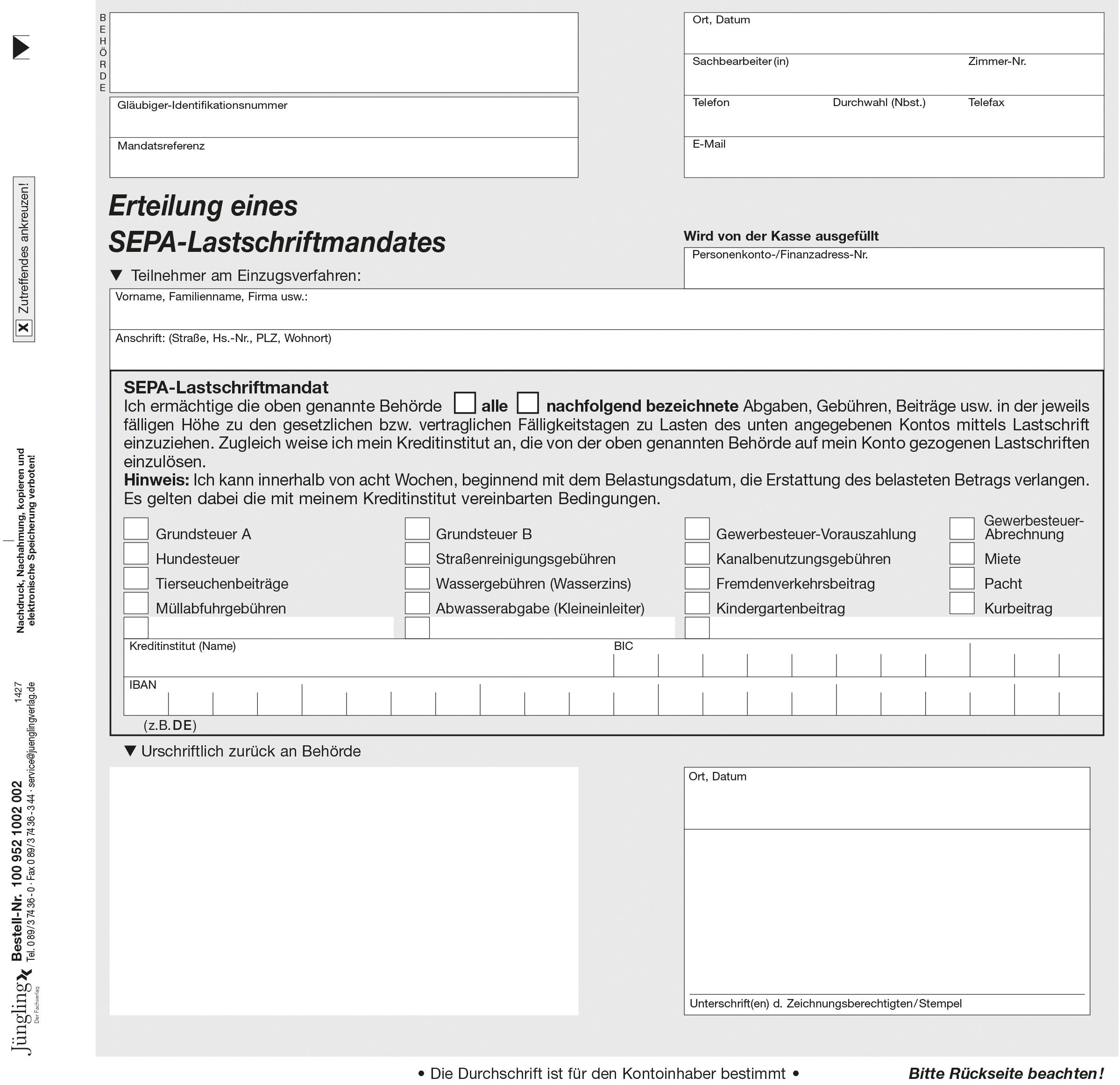 SEPA-Lastschriftmandat mit eingedruckten Abgaben, 2/3 DIN A4 2-fach, zweiseitig