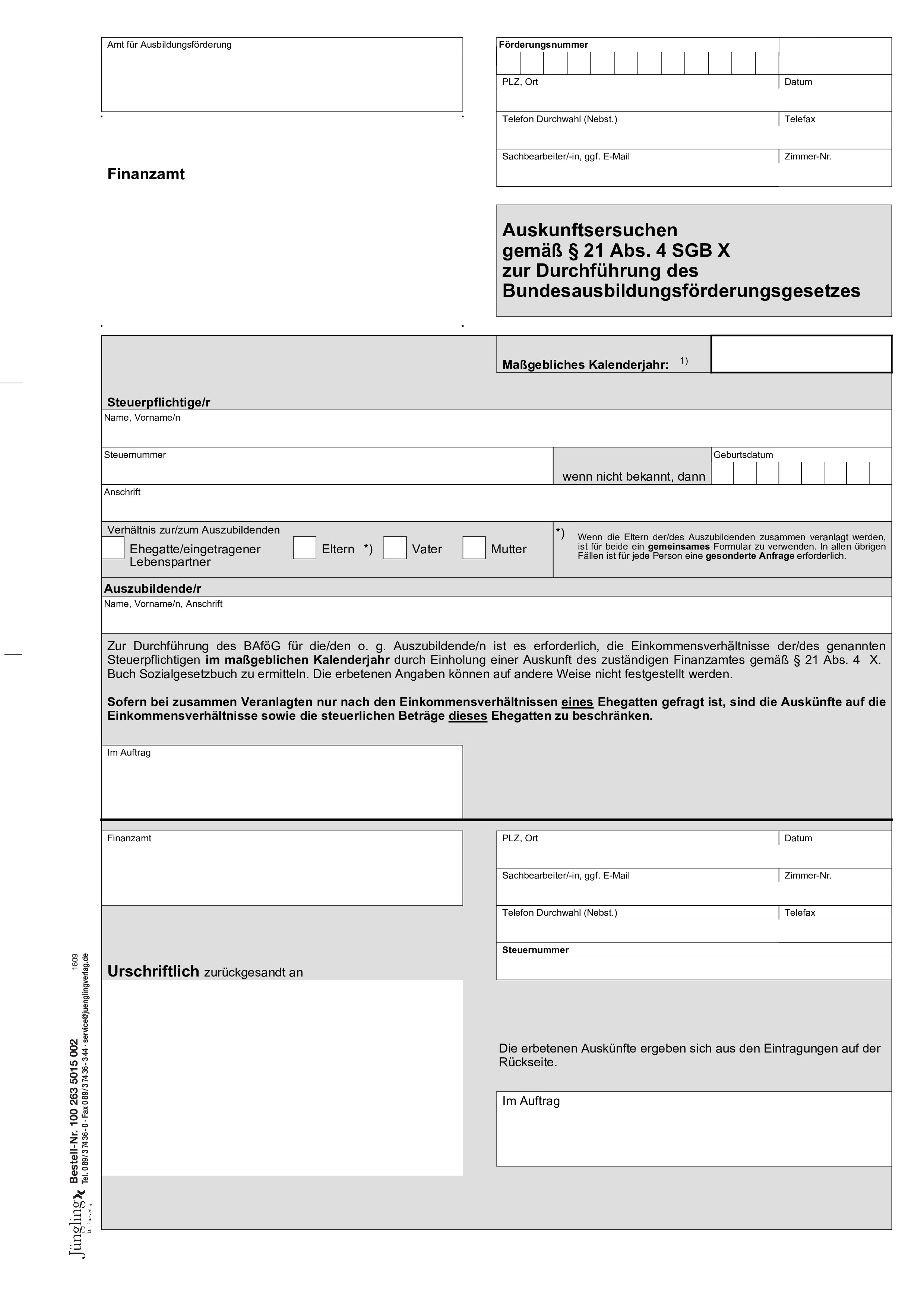 Auskunftsersuchen nach § 21 (4) SGB X, Anfrage beim Finanzamt, A4, 2-fach SD