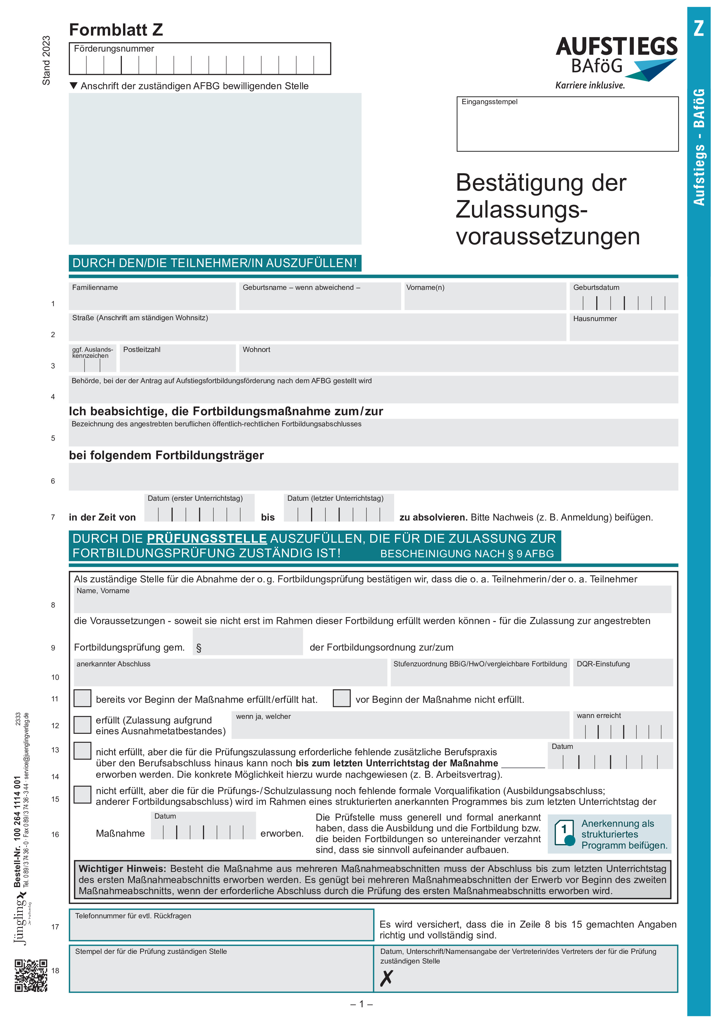 Formblatt Z - Bestätigung der Zulassungsvoraussetzungen, türkis, A4, 1-seitig, mit Lochung